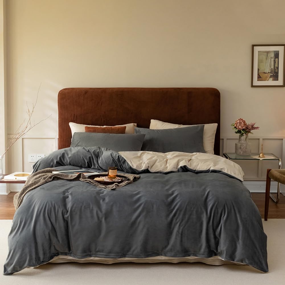 Covebett Winter Flanell Bettwäsche 155×220 Grau Beige Plüsch Cashmere Touch Wende Winterbettwäsche Warme Flauschig Coral Fleece Bettbezug mit Reißverschluss und 1 Kissenbezug 80×