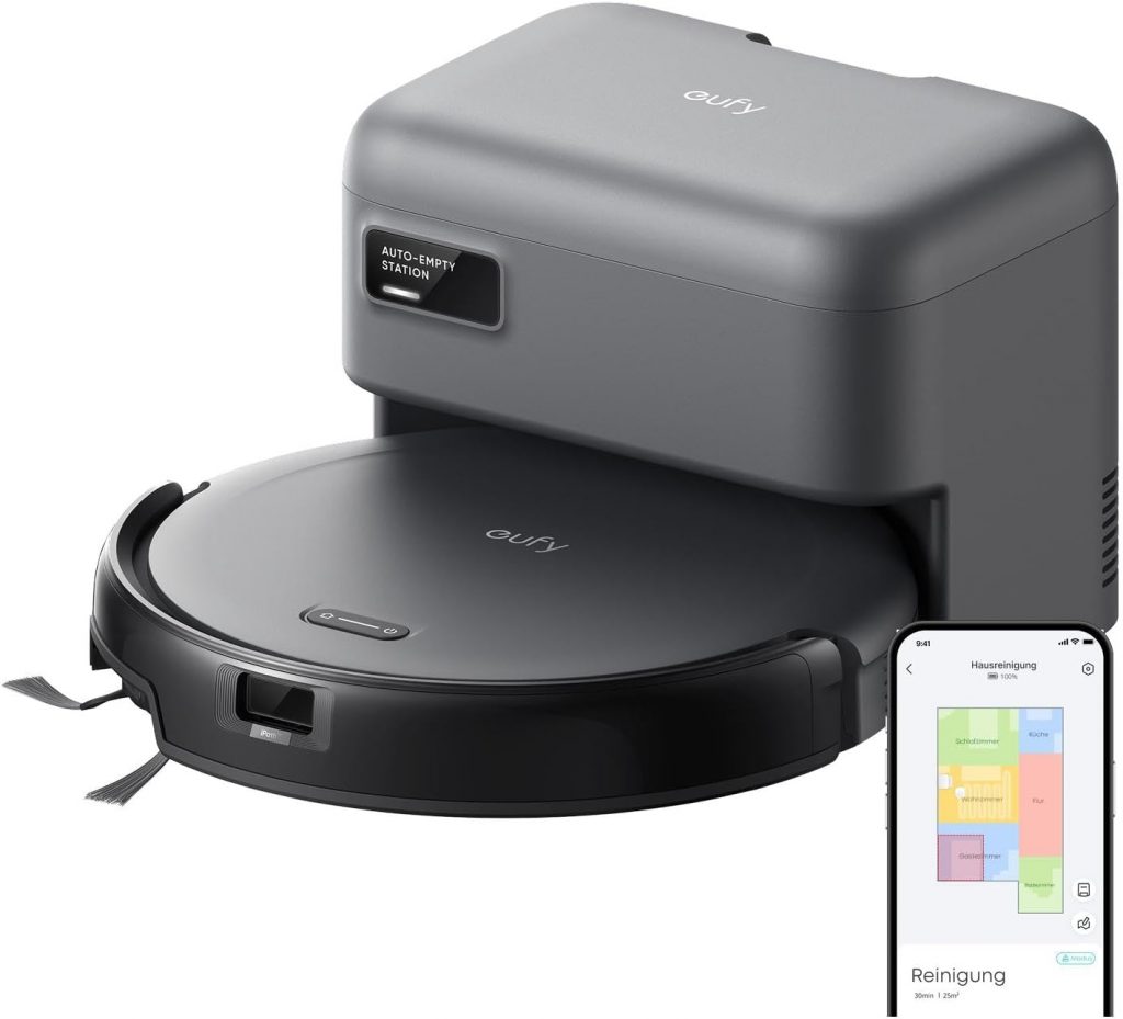 eufy C10 Saugroboter mit Automatischer Absaugstation, 7,3cm Ultraflaches Design, Teppichreinigung, Ausfahrbare Seitenbürste für Ecken, Automatische Entleerung, Punktlaser- & Infrarot-Navigation
