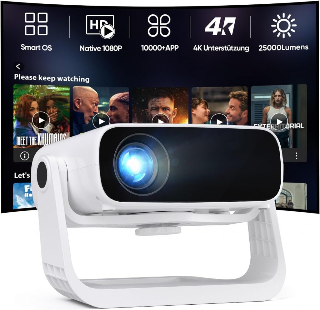 2025 Neuer Upgraded Smart Beamer Full HD 1080P, 25000 Lumens, Android 11，Integrierte Apps, 4D Trapezkorrektur，WiFi 6 & BT 5.2, Heimkino 4K Beamer mit 120° drehbarem Ständer für iOS/Android/Laptops