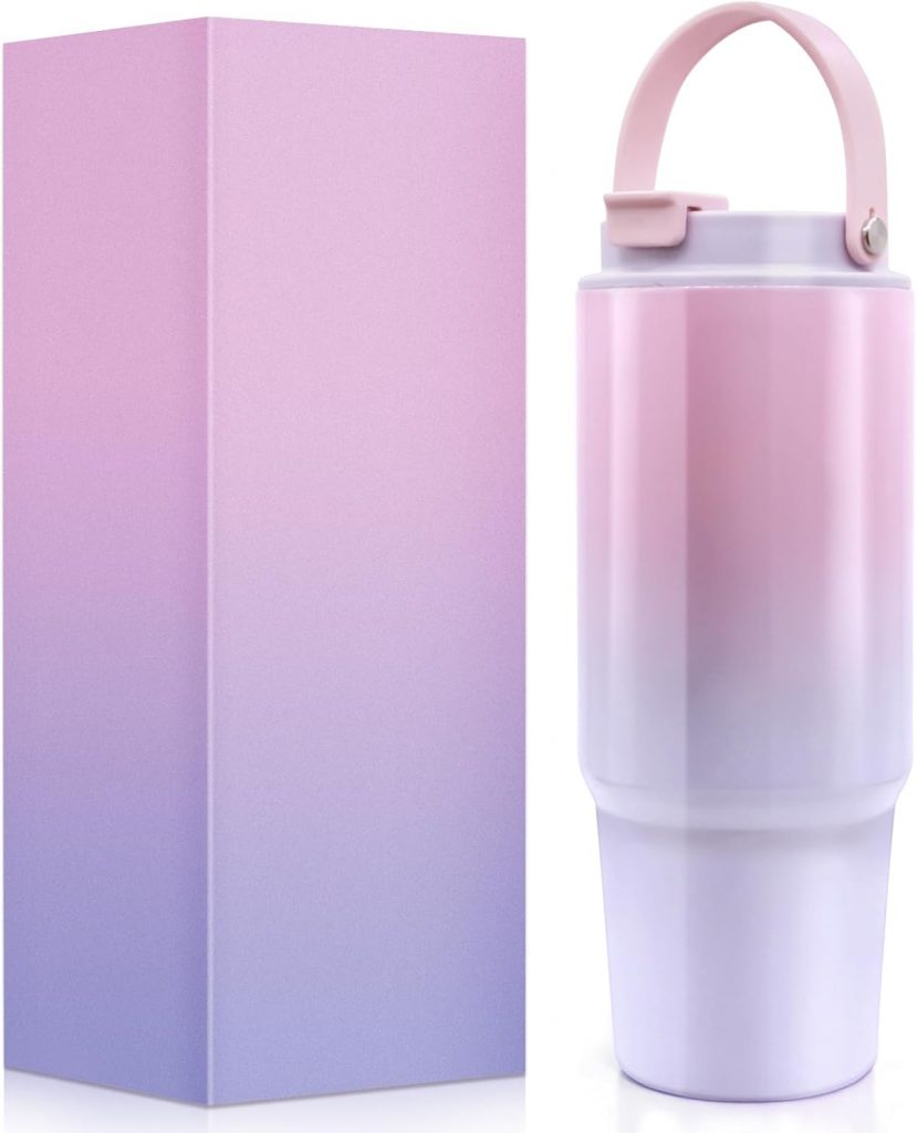 EOPUOZS 30oz Flip Straw Tumbler Trinkflasche Mit Strohhalm, Tragbar Auslaufsicher Thermobecher aus Edelstahl, Sportflasche, Für Heiß- und Kaltgetränke (Farbverlauf Rosa Lila)4.99€