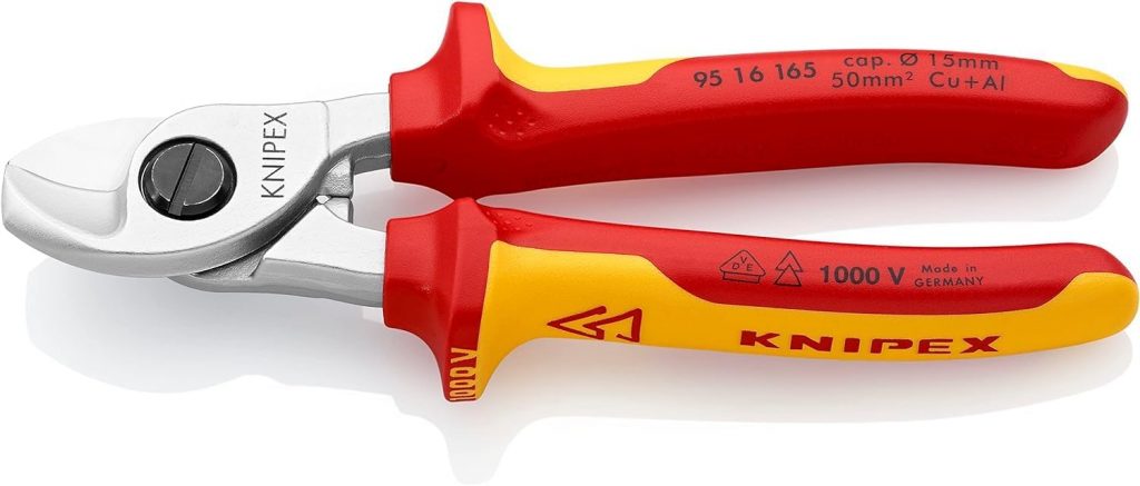 KNIPEX Kabelschere, 165 mm, VDE, für Cu- und AI-Kabel bis 15 mm (50 mm²), Einhandbedienung,Kabelschneider, 95 16