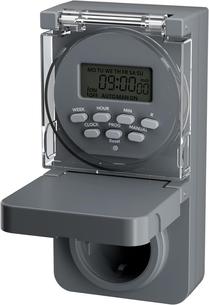 HBN Digitale Zeitschaltuhr Steckdose Außen, 8 Schaltprogramme Wochenzeitschaltuhr mit Zufallsfunktion, IP44 Outdoor Timer-Steckdose für Weihnachtsdeko, Pool-Pumpen, Beleuchtung im Garten, 3680W