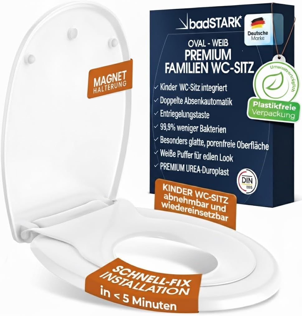 badSTARK WC Sitz mit Kindereinsatz & Absenkautomatik – Duroplast Toilettendeckel oval, Soft-Close, antibakteriell & UV-beständig, Quick-Release, einfache Montage, Weiß38,88€ statt 54,90€➡️ https://www.amazon.de/dp/B0FCM38HGH/?tag=preisfehlerheute-21