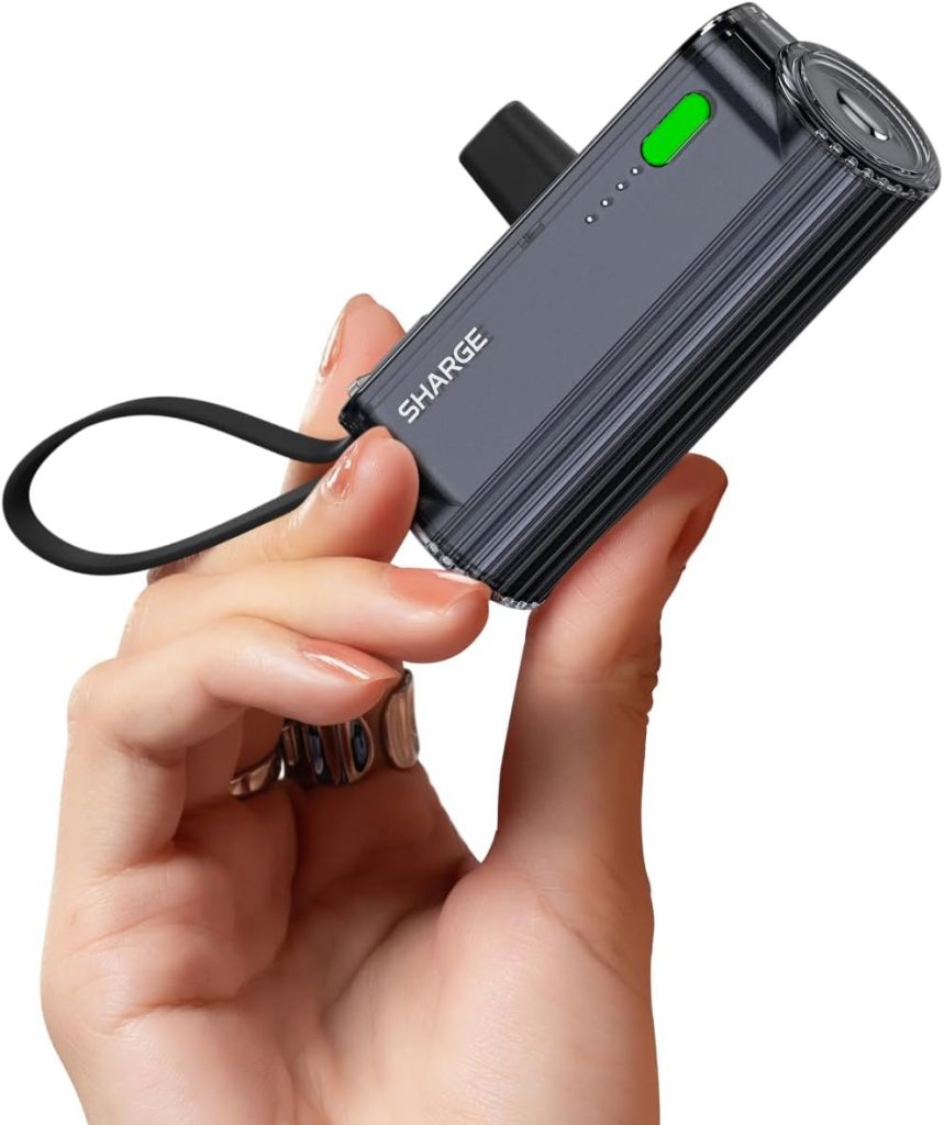 🤴 SHARGE Flow Mini 2 Power Bank 22.5w Max, Kleine Powerbank für Unterwegs, Schnelllade-Akkupack mit Lightning- und USB-C-Anschluss, Tragbares Ladegerät mit Integriertem Kabel für iPhone 16/15/14, Galaxy
