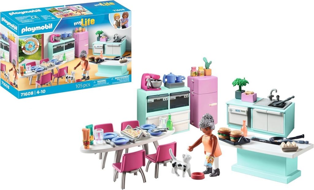 PLAYMOBIL MyLife 71608 Küche mit Essplatz, vollausgestattete Küche für detailgetreues Nachspielen, zu über 8 aus recycelten und biobasierten Materialien, kreatives Spielzeug für Kinder ab 4 Jahren