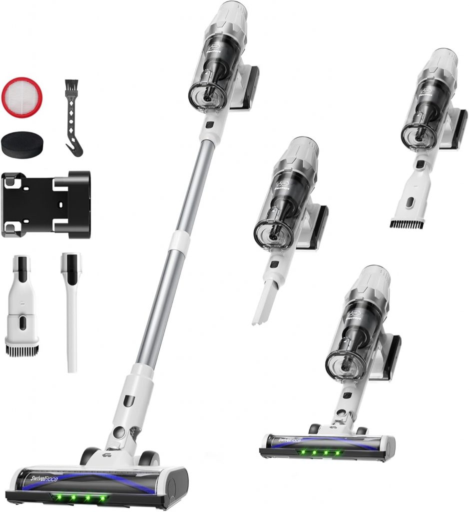 ElecKeys Akku Staubsauger 48000Pa/580W/65Min Staubsauger Kabellos mit LED Display, Selbststehend, Anti-Tangle-Bürste, 7-Schicht-Filtration, Akkustaubsauger für Hartböden Teppiche Tierhaare, Weiß