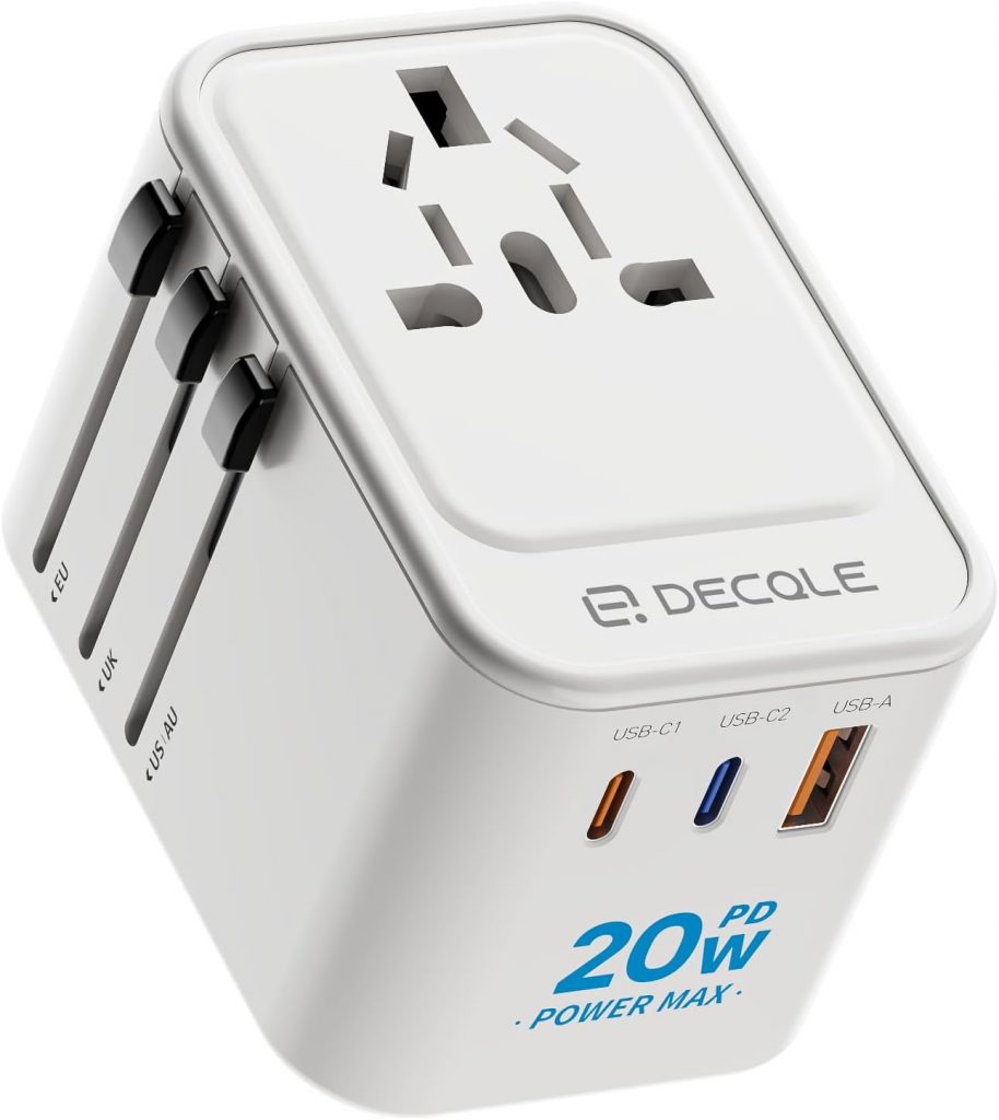 decqle Reiseadapter Weltweit, Universal Reisestecker mit 2 USB-C (PD 20W), 1 USB-A und 1 AC Steckdose, Internationaler Steckdosenadapter, AC Adapter Universaladapter für EU, UK, US, AU (Weiß)