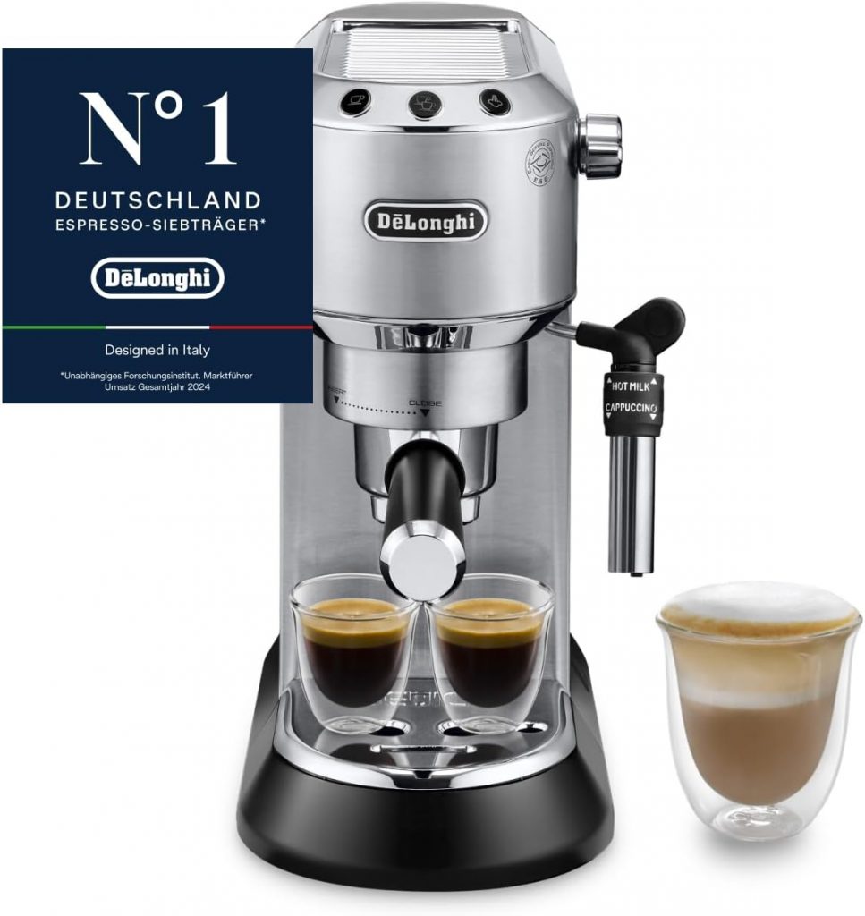 🤴 De'Longhi Dedica Style – Perfetto Kompakte Siebträgermaschine Espressomaschine mit Tasten, manuellem Milchaufschäumer für Espresso und Cappuccino, ESE Pad geeignet, 15cm breit, Metall (EC685.M)
