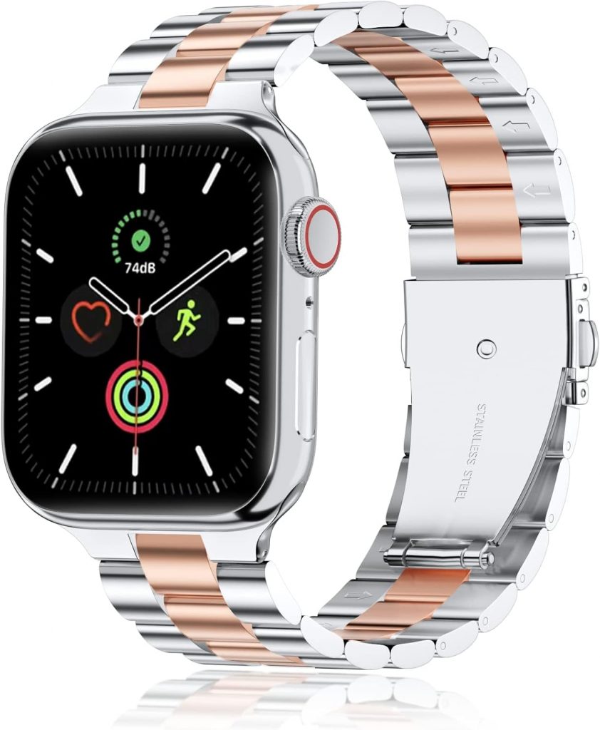 Metall Kompatibel mit Apple Watch Armband 46mm(Series 11 10) 45mm 44mm 49mm 42mm(Series 3 2 1), Edelstahl Ersatzband für iwatch Ultra 3 2 1, Series 11 10 9 8 7 6 5 4 3 2 1 SE(Silber&Roségold)