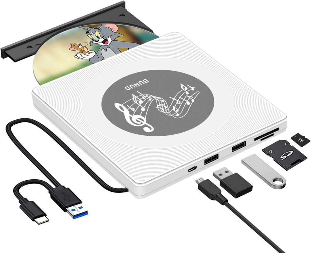 BUNUD Externes DVD Laufwerk, CD Laufwerk Extern USB 3.0 CD DVD +/- RW Brenner Player mit 2 USB SD/TF Ports, USB C Externes CD Laufwerk für Apple, Laptop, Windows 11, MacBook, Mac