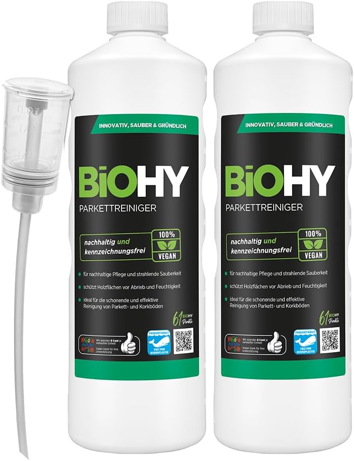 BiOHY Parkettreiniger (2 x 1 liter) + Dosierer | Konzentrat für versiegeltes & geöltes Parkett | materialschonend & schmutzlösend | für eine streifenfreie Reinigung | 2 in 1 Pflege & Reinigungsmittel21,53€ statt 25,33€➡️ https://www.amazon.de/dp/B08C7VMVBC/?tag=preisfehlerheute-21