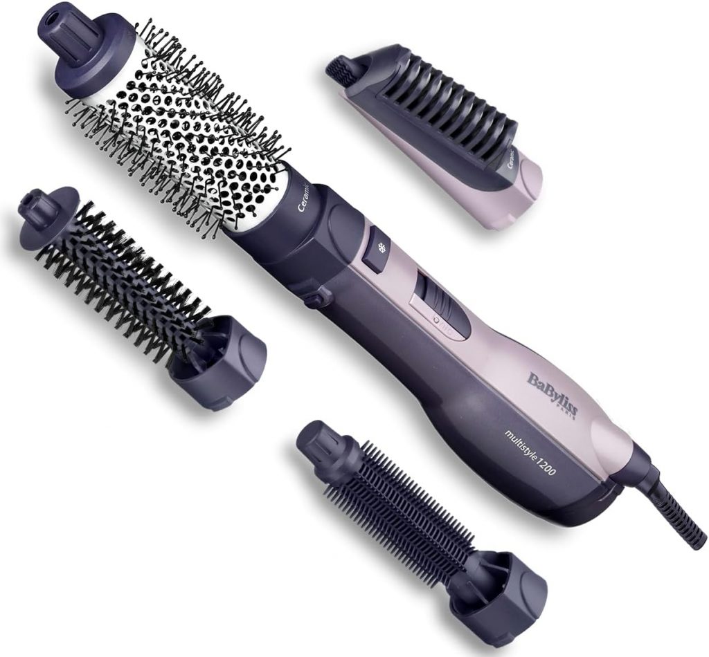 BaByliss Multistyle 1200W Warmluftbürste – Anti-Frizz Ionen-Technologie, Keramikbeschichtung, 4 Aufsätze, Multi-Föhnbürste, Schwarz, AS