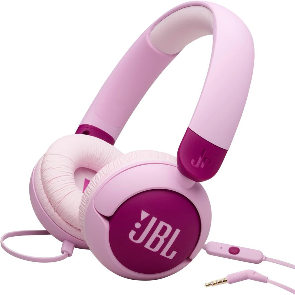 JBL Junior 320, On-Ear-Kopfhörer mit Kabel und eingebautem Mikrofon für Kinder, JBL Safe Sound, niedriger Lautstärke, 12 mm Soft Pad und Sticker-Set, tragbares Design, Lila