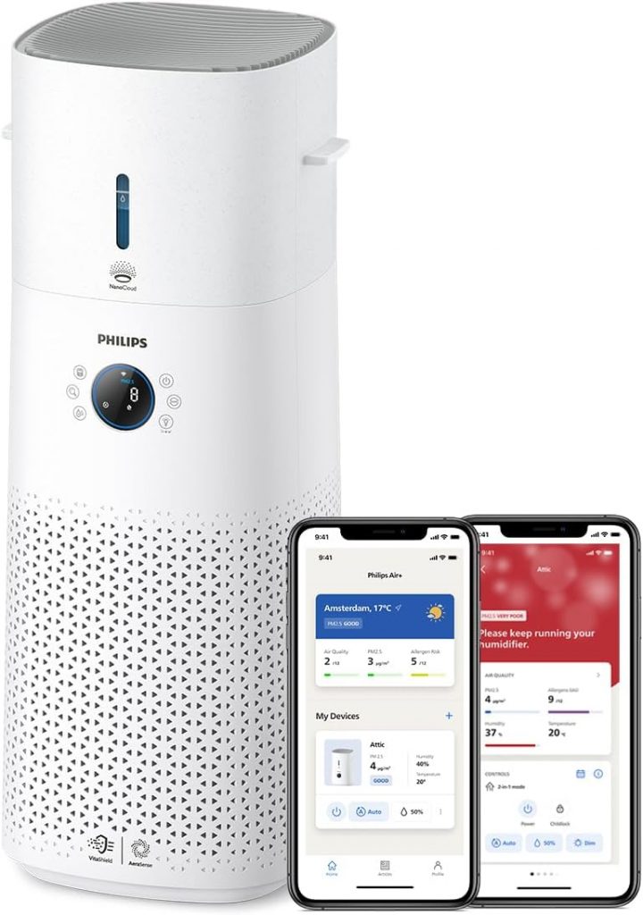 Philips 3000 Series 2-in-1-Kombigerät für Luftreinigung und -befeuchtung, 131 m2, NanoProtect HEPA- und Aktivkohlefilter entfernt 99,97% aller unsichtbaren Partikel, Weiß (AC3737/10)