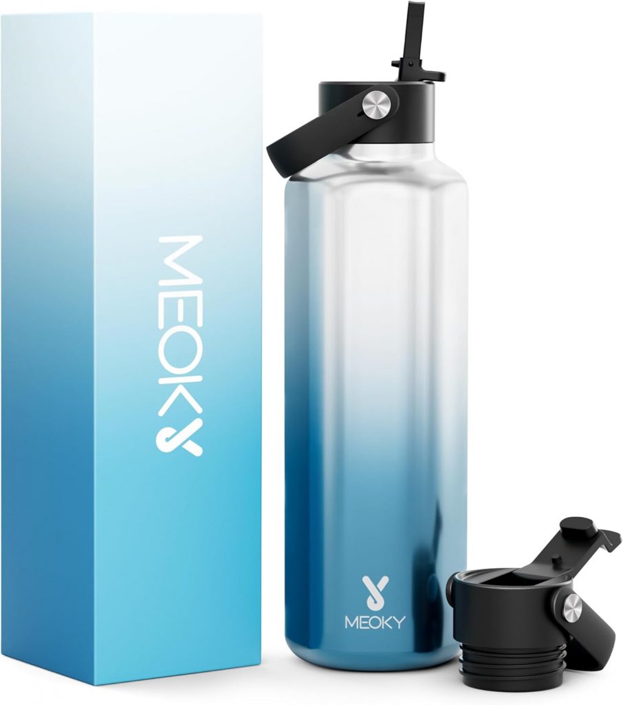 Meoky Edelstahl Trinkflasche mit Strohhalm für Frauen: 700ml Trinkflasche Sport Edelstahl – BPA-freie für Heim Büro Sport – Freundin Frau Mama, Sakura