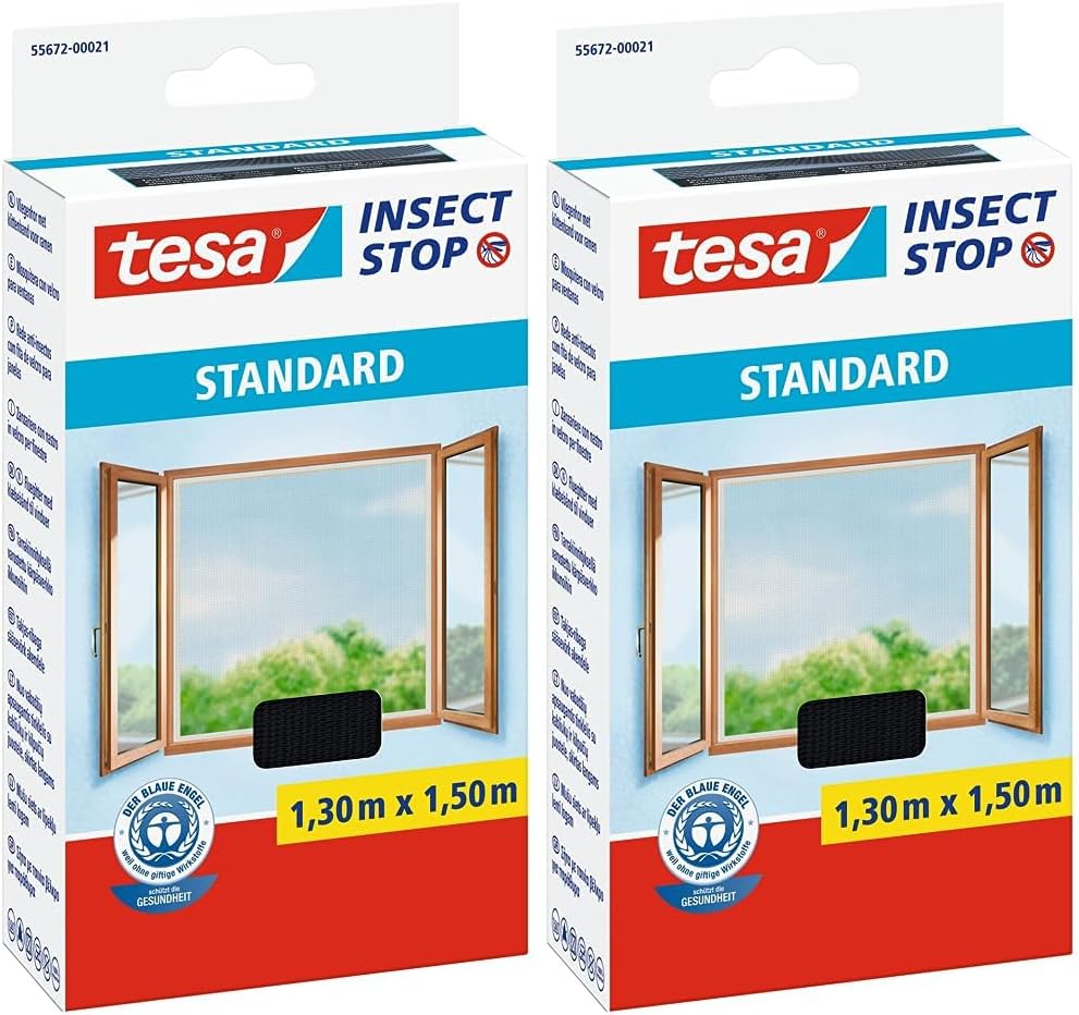 🤴 tesa Insect Stop Standard Fliegengitter für Fenster im 3er Pack – Insektenschutz zuschneidbar – Mückenschutz ohne Bohren – 3 x Fliegen Netz – 100 cm x 100 cm – Anthrazit