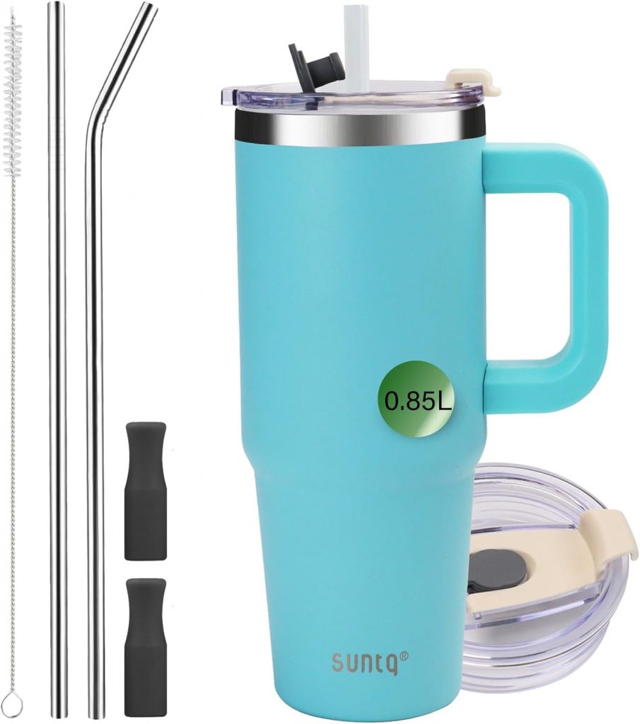 SUNTQ 850ml/30oz Tumbler mit Griff, Doppelwandige Vakuum Isolierte Wasserflasche mit Stroh und Deckel, Edelstahl Reise Kaffeebecher, Thermische Tasse für Getränke, Fit in Becherhalter(Hellblau)6.30€ ➡️ https://www.amazon.de/dp/B0CGHVH6P6/?tag=preisfehlerheute-21