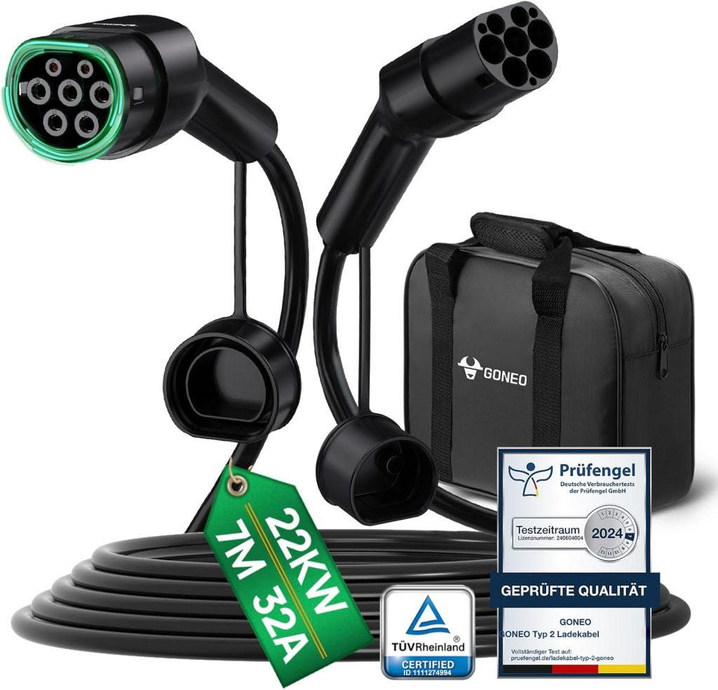 GONEO Typ 2 Ladekabel 22kW 7M 32A Ladekabel Elektroauto Typ 2 3 Phasig für E Auto EV/PHEV Typ 2 auf Typ 2 Modus 3 Ladekabel mit Tasche Geeignet für Model S/3/X/Y e-Golf ID.3 i3/i