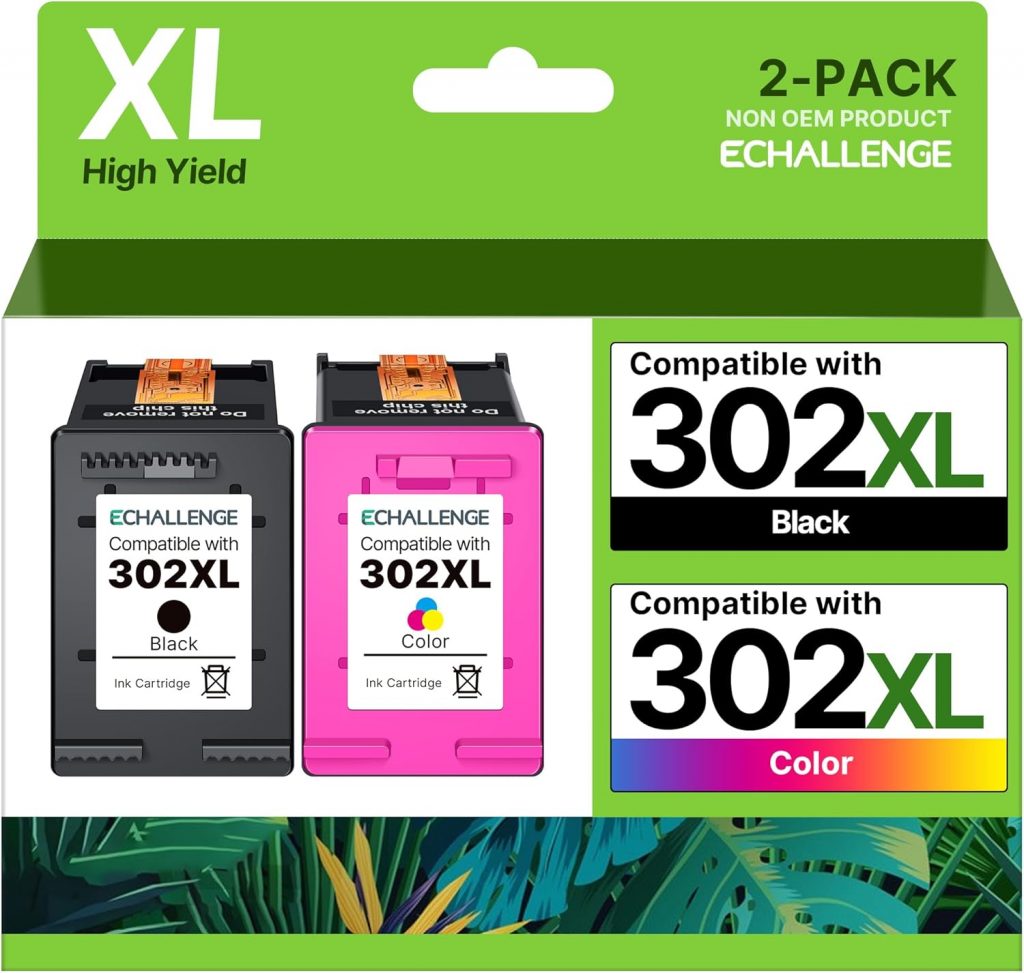 🤴 ECHALLENGE 302 XL für HP 302 druckerpatronen Multipack 302XL patrone für HP Envy 4525 4520 4522 4527 4524 DeskJet 3630 3636 3638 3639 OfficeJet 3830 3831 3833 (1Schwarz 1Farbe,2-Pack) tintenpatronen