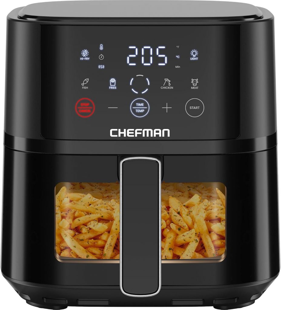 Chefman Heißluftfritteuse – 3,75 l kompakte Heissluftfritteuse für schnelle Mahlzeiten, mit Hi-Fry Technologie, Sichtfenster, Touch Controls, antihaftbeschichtet und spülmaschinenfest – Schwarz33.99€ 🏷️ Coupon anwenden➡️