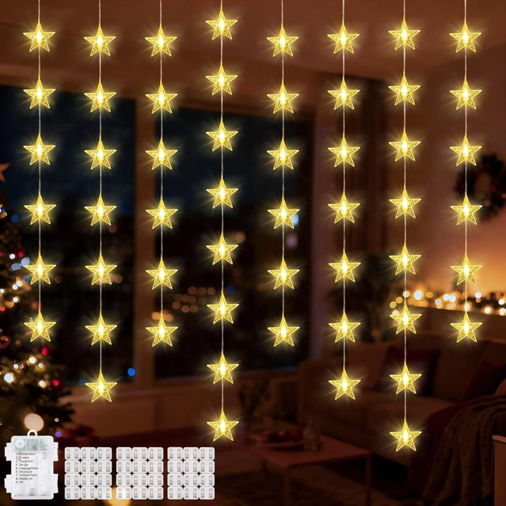 Lewondr 480 LED Stern Vorhang Lichter, 6 Stück Hängende Lichterkette mit 6H Timer & 8 Modi, Batterien Weihnachtsbeleuchtung String Lichter für Weihnachten Hochzeitsfeier Indoor Dekor, Warme Licht