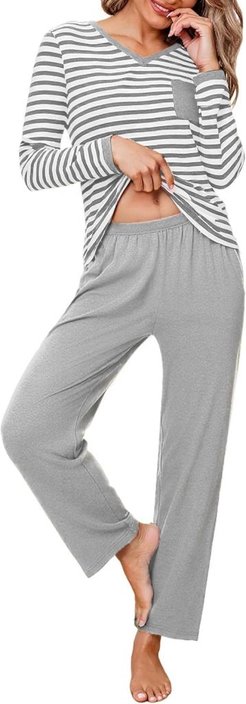 Terecey Schlafanzüge Damen Lang Baumwolle V-Ausschnitt Pyjama Set Gestreift Nachtwäsche Langarm Herbst Zweiteiliger Freizeitanzug Elastischer Bund Pyjamahose mit Taschen, Grau L