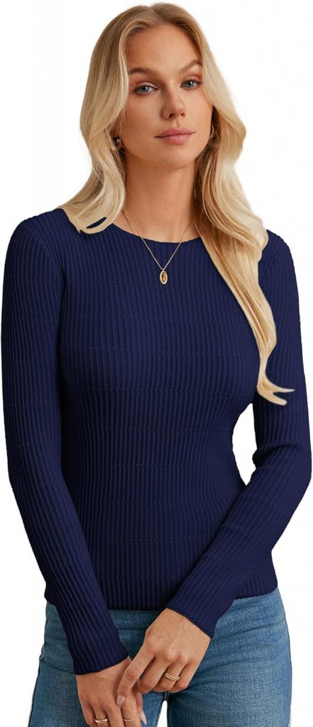 GRACE KARIN Damen Basic Rundhalsausschnitt Langarmshirt Slim Fit Oberteile Stretch Gerippt Strickpullover