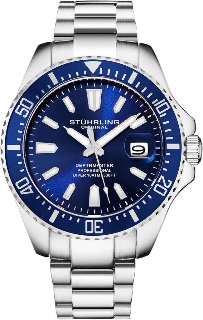 👑 Stuhrling Original Herren Taucheruhr 42mm Edelstahl Blaues Zifferblatt, Edelstahl Armband, Wasserdicht bis 100 Meter