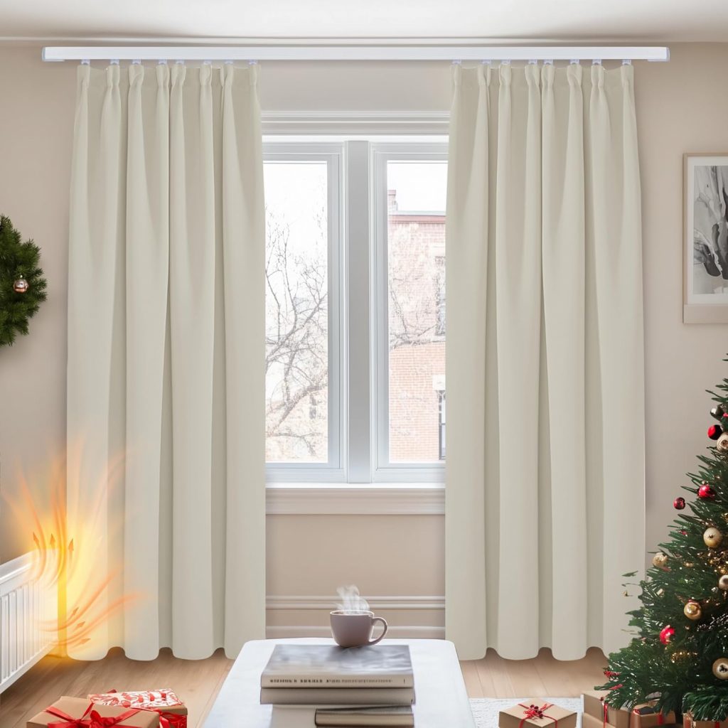 Deconovo verdunkelungsvorhänge thermovorhänge mit Kräuselband gardinen Blickdicht, 290x140cm(HöhexBreite), Hellbeige, 2er Set