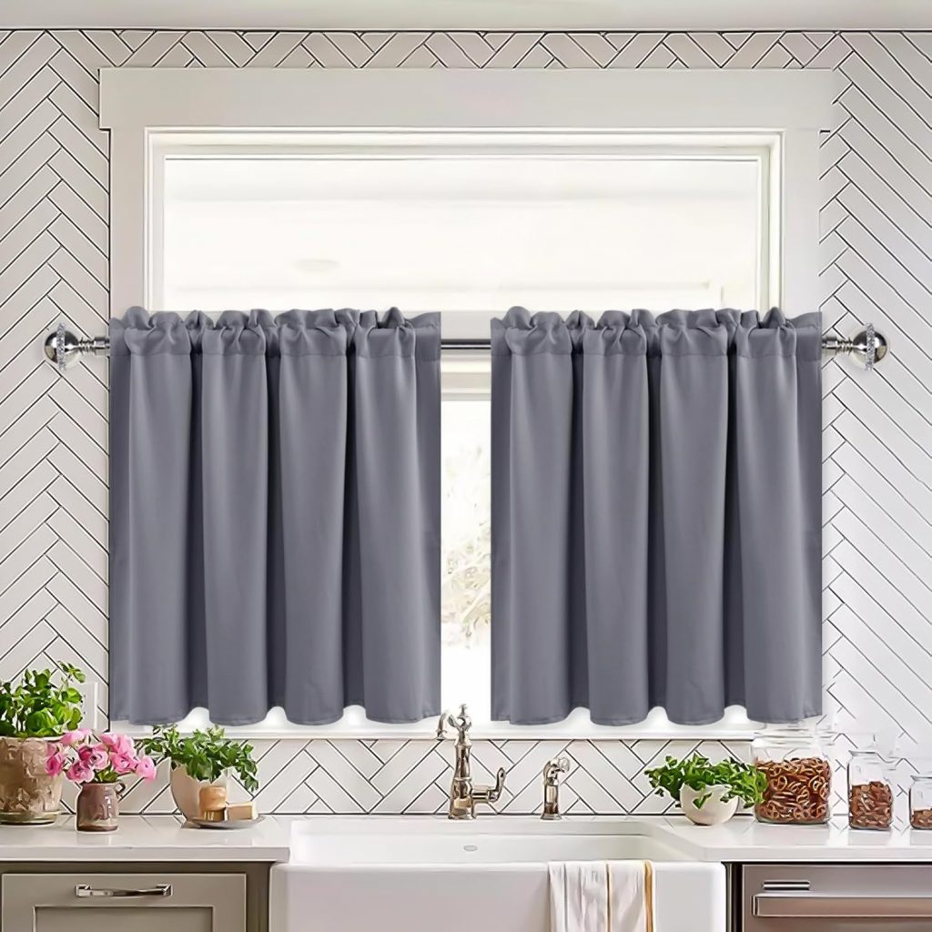 👑 XWZO Grau Gardinen Blackout, Vorhänge Blickdicht, Küchengardinen Bistrogardine Kurzer Scheibengardinen für kleines Fenster, Wohnwagen, B 66cm x H 114cm pro Paneel, 2er Set