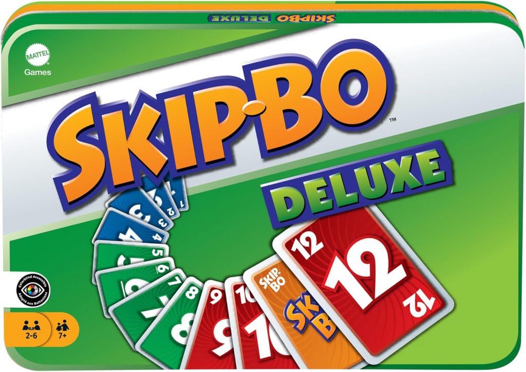 🤴 Mattel Games Skip-BO Deluxe, in Metallbox, Kartenspiele für die Familie, Perfekt als Kinderspiel, Reisespiel oder Spiel für Erwachsene, Spielzeit: 30 Min, für 2-6 Spieler, ab 7 Jahren, L3
