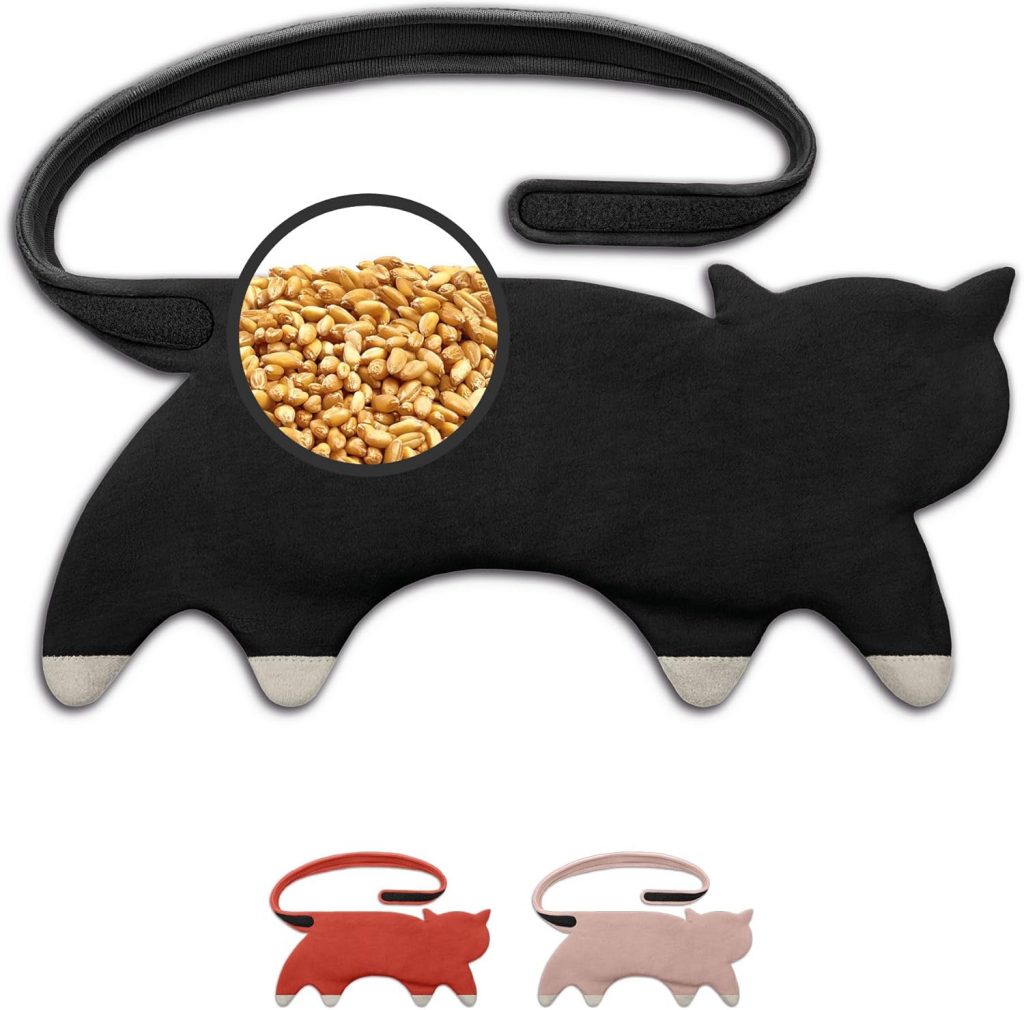 LESCHI 10 Kammer Körnerkissen – mikrowellengeeignetes Wärmekissen – ideal als natürliche Hilfe bei Bauch- und Regelschmerzen – aus natürlicher Bio Baumwolle & Bio Weizen – Katze, Schwarz