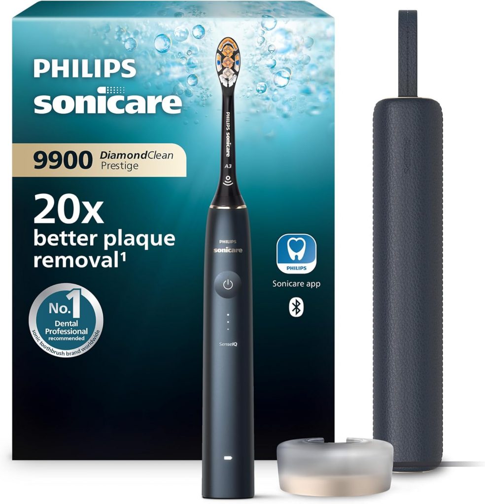 🤴 Philips Sonicare DiamondClean Prestige 9900 – Elektrische Zahnbürste mit SenseIQ, A3 Premium-All-in-One-Bürstenkopf und Ladeetui in Mitternachtsblau (Modell HX9992/12)