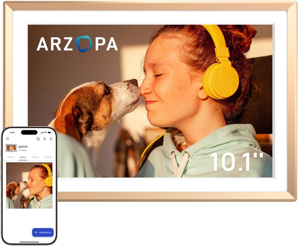 👑 ARZOPA D10 Metall Digitaler Bilderrahmen 10,1" Kostenloser Cloud Storage WLAN Bilderrahmen Digital HD Touchscreen KEIN Abonnement Teilen Fotos Videos Individuelle Grußkarte zum Verschenken – D10 Gold