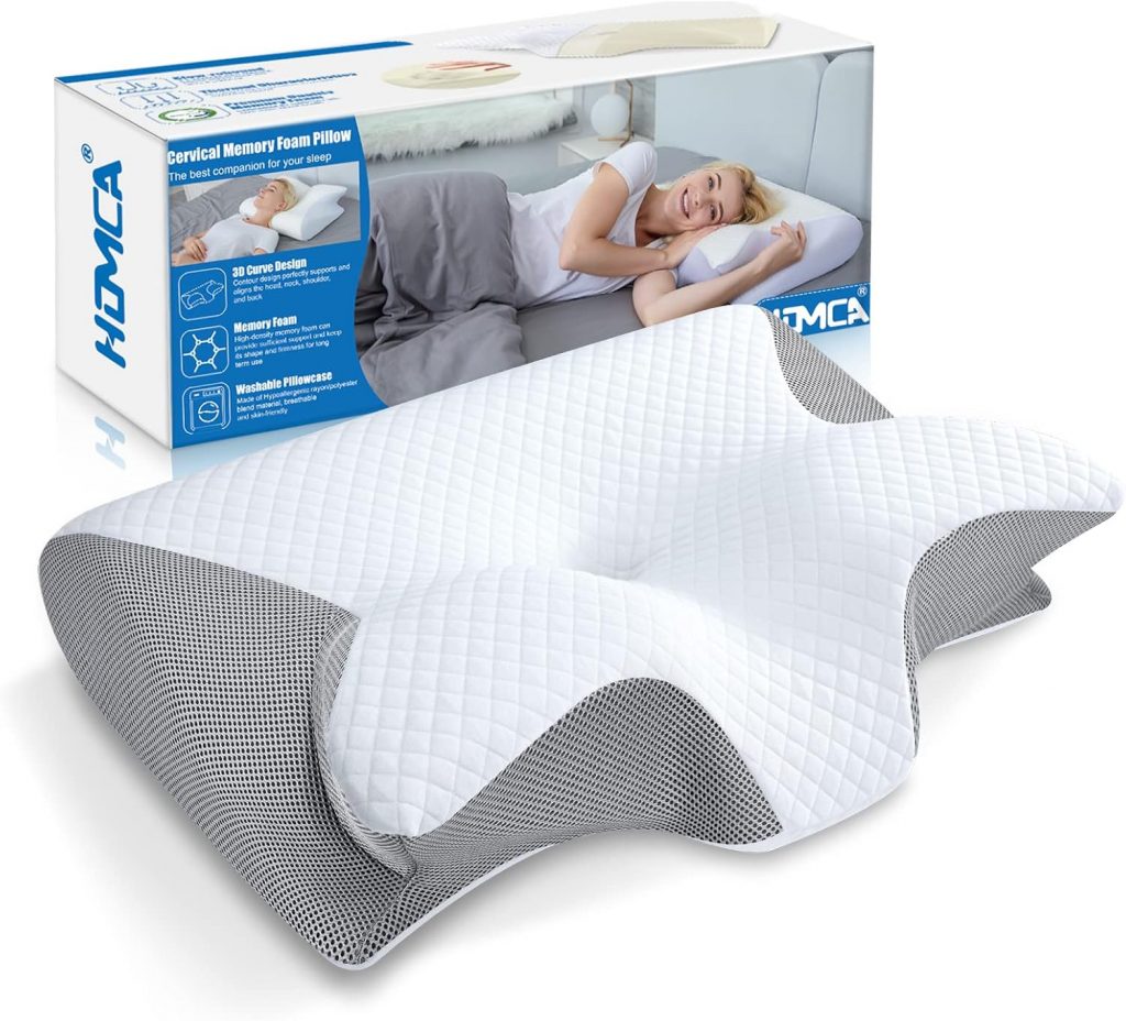 HOMCA 2 in 1 Ergonomisches Nackenkissen Orthopädisches Kopfkissen Memory Foam Kissen für Rücken-, Seiten- und Bauchschläfer, 60x40x12/14cm, Grau
