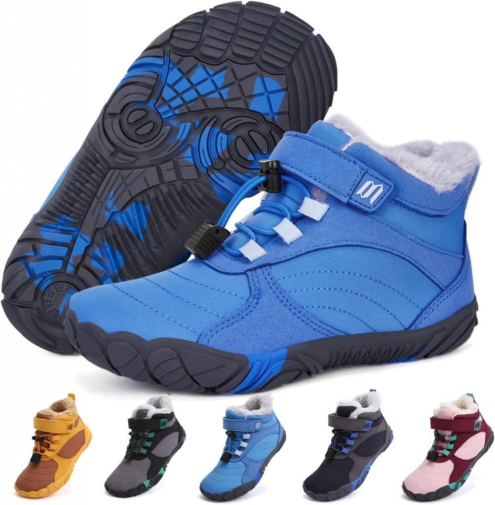 Barfußschuhe Winter Kinder Winterschuhe Mädchen Jungen, Barfussschuhe Kinder Winter mit Warm Gefüttert, Wasserabweisend Winterstiefel Outdoor Rutschfest Traillaufschuhe