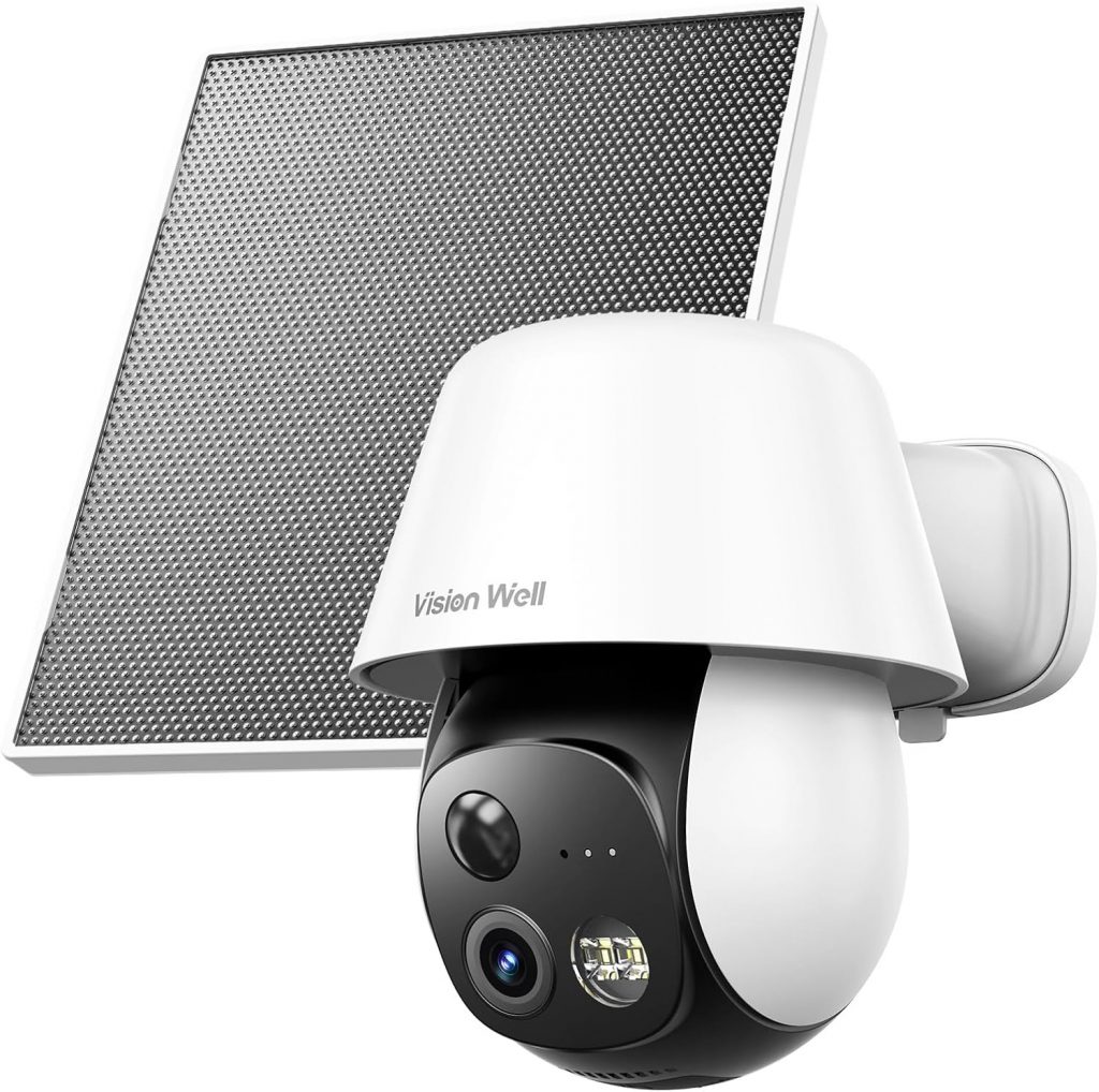 VISION WELL Solar &Uuml;berwachungskamera Au&szlig;en WLAN 2K, 360&deg; Schwenkbar, KI Menschenerkennung, Farbnachtsicht, Spotlight & Sirene, Zwei-Wege-Audio, Batteriebetrieben, IP65 Wasserdicht, SD/Cloud Speicher