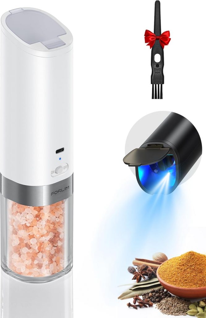 FORLIM Wiederaufladbares Elektrische Salz und Pfeffermühle Set, Automatische Salzmühle mit Einhandbedienung, Ausgestattet mit Festem Staubschutzdeckel, Einstellbarem Mahlgrad, 2 Pack (Schwarz + Weiß)9.99€