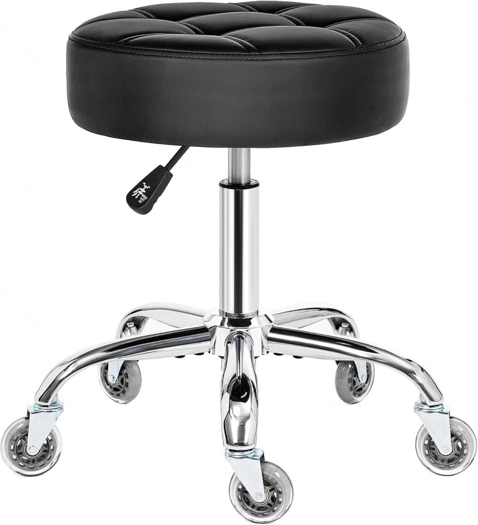 BEWISHOME Rollhocker mit Rollen,Verstellbarer Hocker für hohe Belastungen bis 200 kg,360° Drehhocker Hocker für Salon,Spa PU-Sitzpolsterung (schwarz) EBYD01B