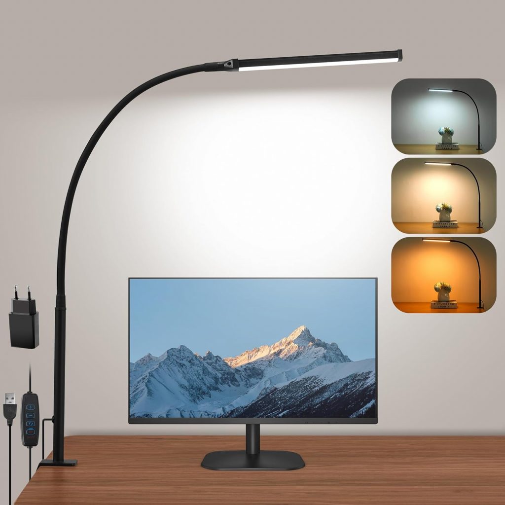 LIBORA LED Schreibtischlampe Klemmbar, Dimmbare Schreibtischlampe mit 3 Farben und 10 Helligkeitsstufen, Augenschonende Tischlampe, Tageslichtlampe Schreibtisch Lampe, Klemmleuchte, Schwarz