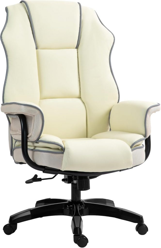 Vinsetto Bürostuhl, Ergonomisch Schreibtischstuhl mit Liegefunktion, Drehfunktion, Höhenverstellbar Computerstuhl für Home-Office, Kunstleder, Creme