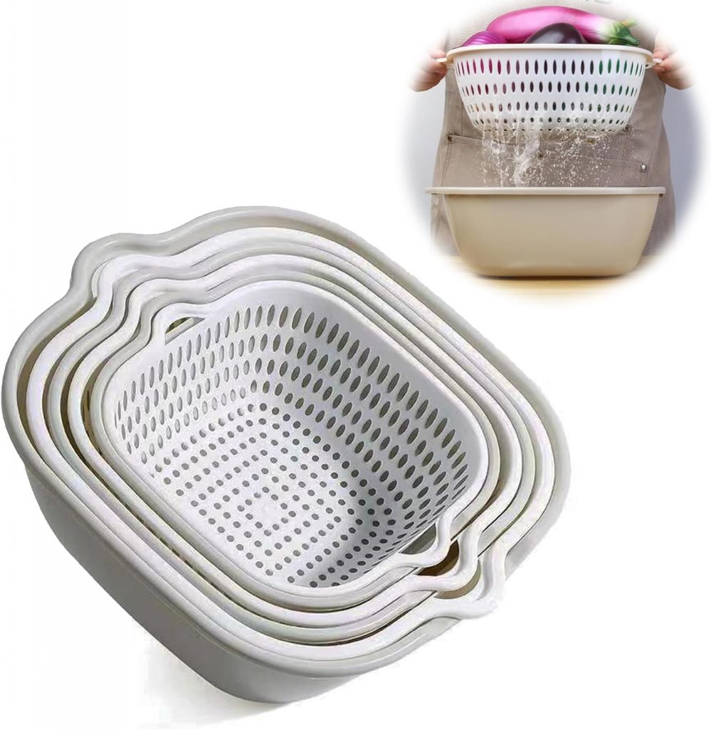 6 Stück Multifunktion Küchensieb Set, Nudelsieb, 2-in-1 Seiher, Küche Sieb, für Obst Gemüse Reis Sieb (Asche, Weiß)
