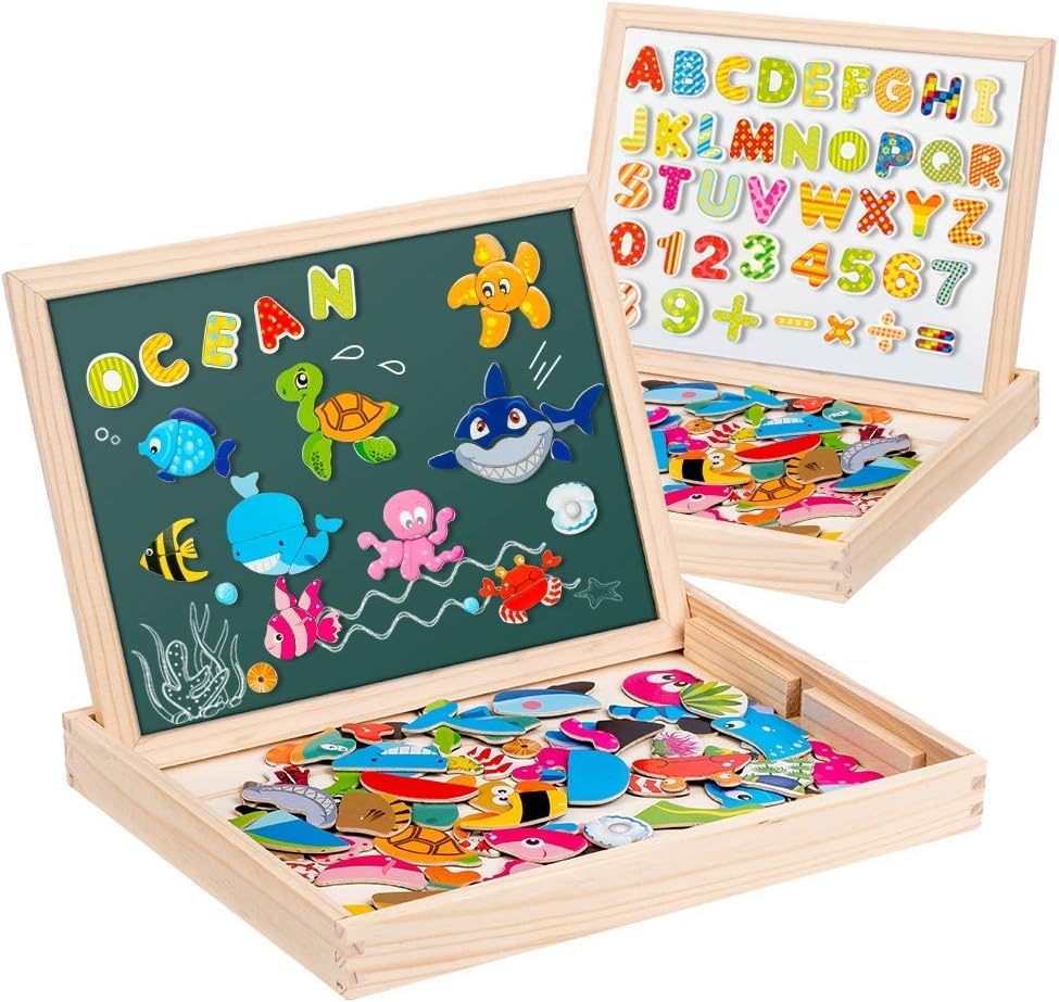 Uping Holzpuzzle mit Doppelseitige Magnettafel, Staffelei Kinder,130 Stücke magnetische Meerestiere und magnetische Alphabet-Puzzleteile,Magnetische Holzspielzeug, Kreativ Lernspielzeug für Kinder