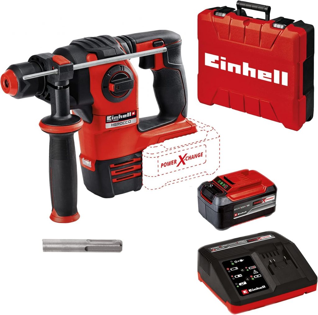 🤴 Einhell Akku-Bohrhammer HEROCCO 18/20 Power X-Change (Li-Ion, Bohren/Hammerbohren/Mei&szlig;eln mit/ohne Fixierung, 2.2 J, b&uuml;rstenloser Motor, SDS+ Werkzeugaufnahme, inkl. E-Box, 5,2 Akku und Ladeger&auml;t)
