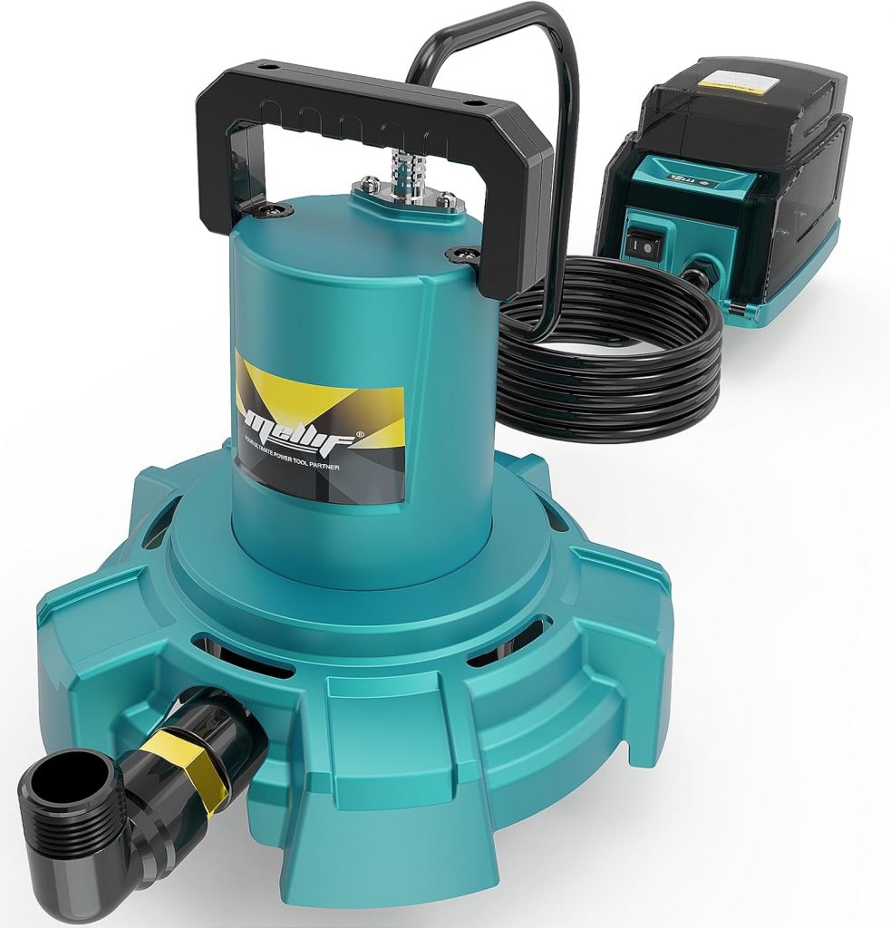 Mellif Akku Tauchpumpe kompatibel mit Makita Akku 18V, Akku Schmutzwasserpumpe mit 4996 L/h Max. Fördermenge, 8 m Förderhöhe, flachabsaugend, Bürstenloser Motor für Schmutz-Klarwasser(Ohne Akku)