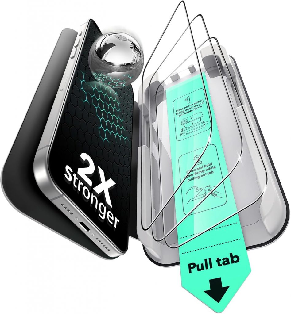 ESR f&uuml;r iPhone 16/iPhone 15 f&uuml;r Panzerglas 3 St&uuml;ck [3 Sekunden Schnellinstallation] Displayschutzfolie Milit&auml;rischer Schutz 9H H&auml;rte, Vollfl&auml;chig geh&auml;rtetes Glas mit UltraFit Tray