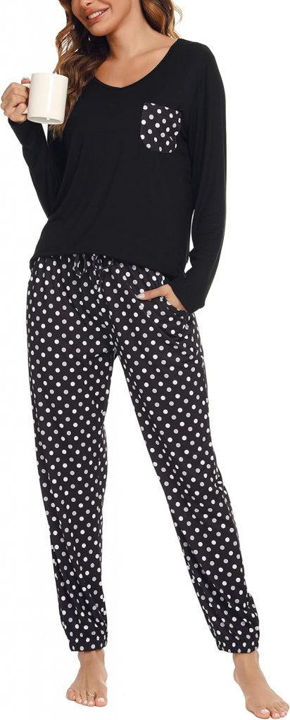 Lovasy Schlafanzug Damen Lang Winter Langarm Schlafanzüge für Damen Zweiteiliger Pyjama Set Loungewear mit Taschen und Bündchen,Schwarz,XXL