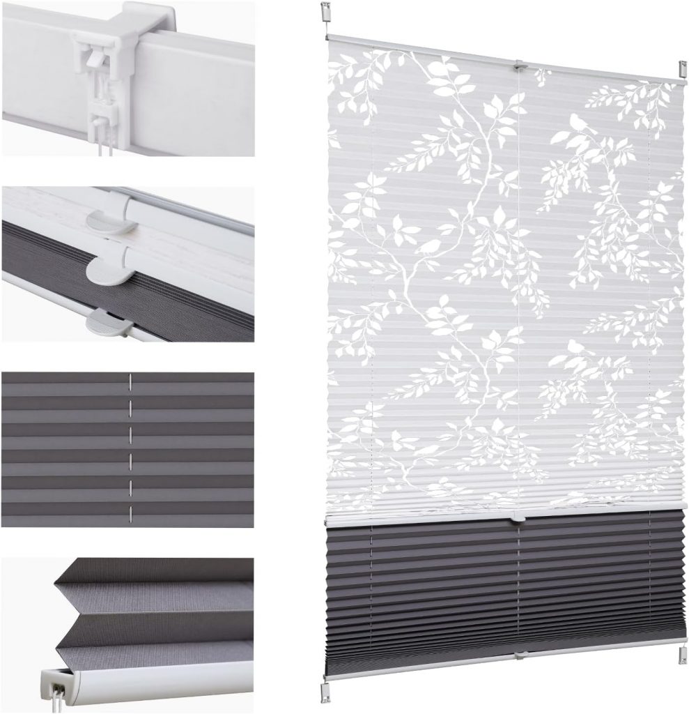 Sekey Plissee Doppelplissee Day+Night Verdunkelung ohne Bohren verspannt Lichtschutz Klemmfix Lichtdurchlässig Ausbrenner-Muster 75x120cm Druck & Grau
