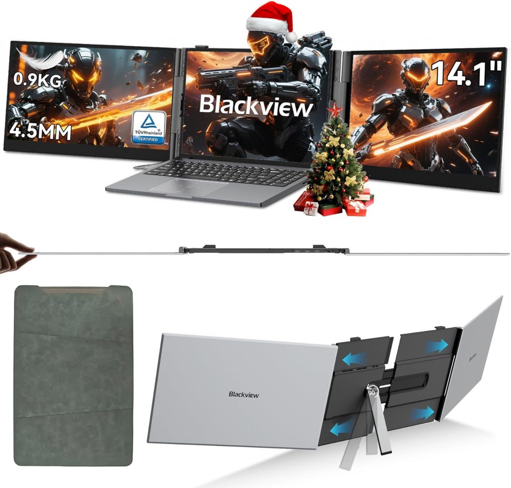 Blackview DCM6 Laptop Bildschirm Erweiterung 0.9KG, 14" FHD 1080P Triple Screen Laptop Monitor f&uuml;r Laptop 13"-17,3", HDMI/USB-A/USB C Portable Monitor f&uuml;r PC/Mac/PS3/4/5/Xbox(Augenschutz)