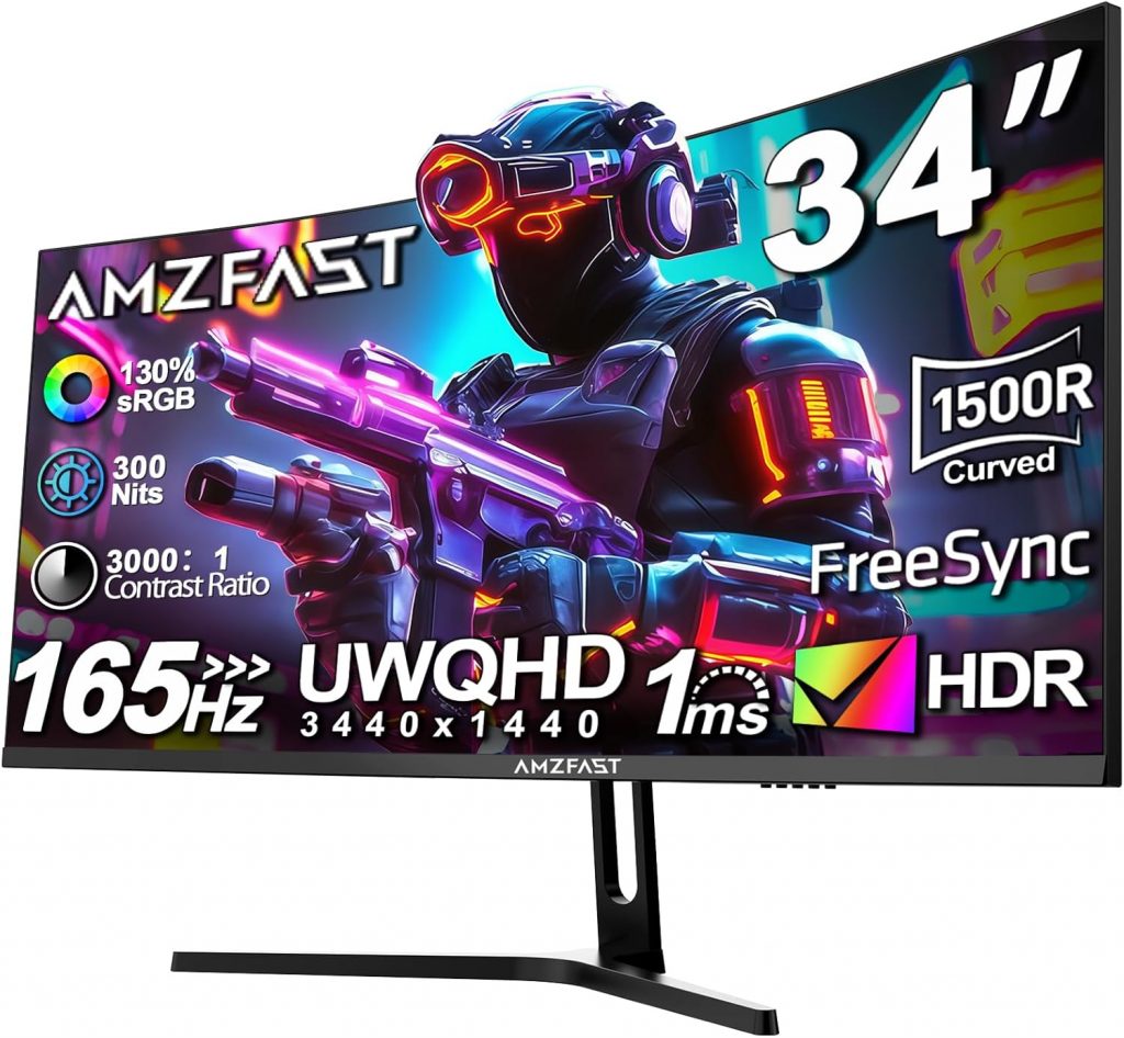 Amzfast 34 Zoll Curved Gaming Monitor - 165Hz(DP), 21:9 UltraWide QHD(3440x1440), 1 ms GtG, sRGB 130%, DCI-P3 95%, HDR, Adaptive Sync, Eyes-Care, VESA 75x75, HDMI 2.0*2/DP 1.4*2, PIP/PBP - AMZG34C5Q208,99€ statt 289,99€➡️ https://www.amazon.de/dp/B0DYJYBKVQ/?tag=preisfehlerheute-21